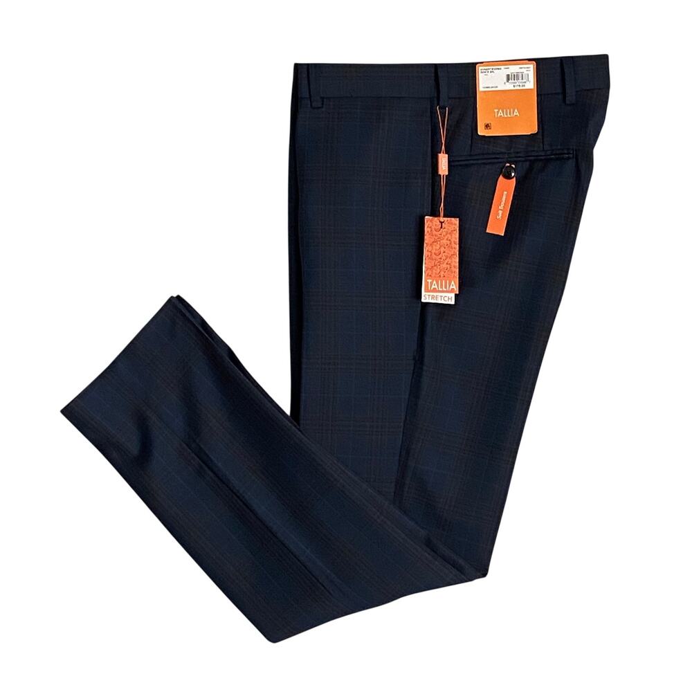 Tallia Suit Pants Men's 30"x30" Vane Stretch Wool Blend Navy & Brown Check NEW